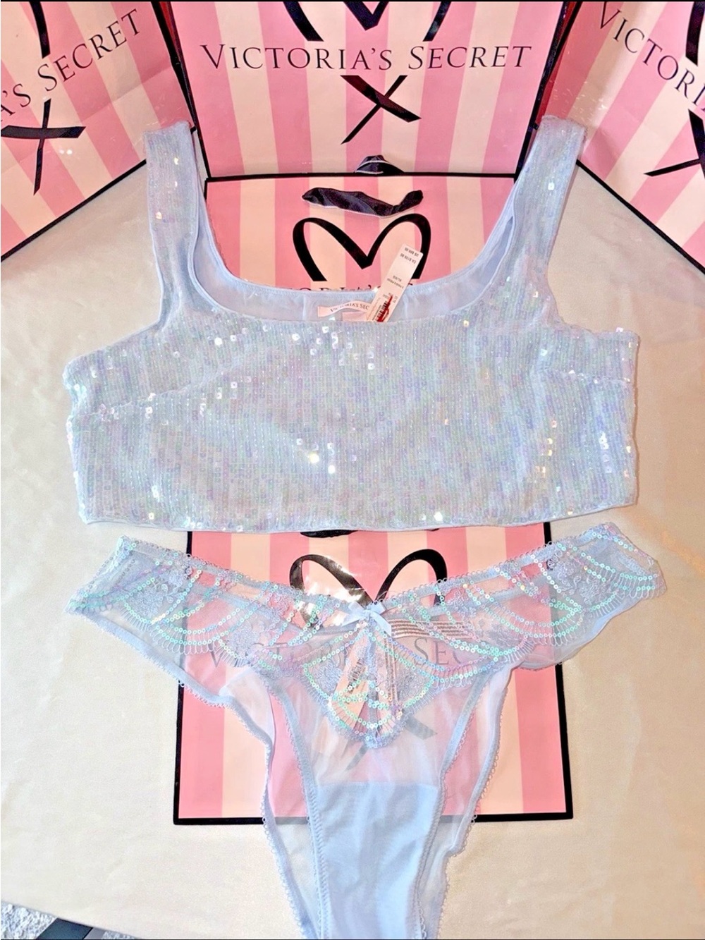 Victoria's Secret Sequin Bralette & Lace Thong Set XXL light Blue